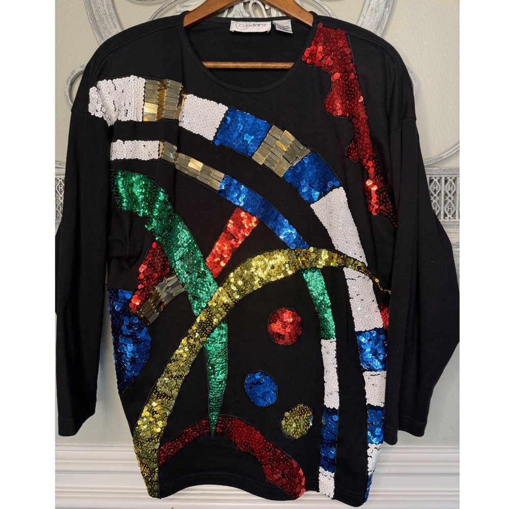 Vintage Cedars 90s Black Cotton Sequin Abstract Sweater Size Medium EUC